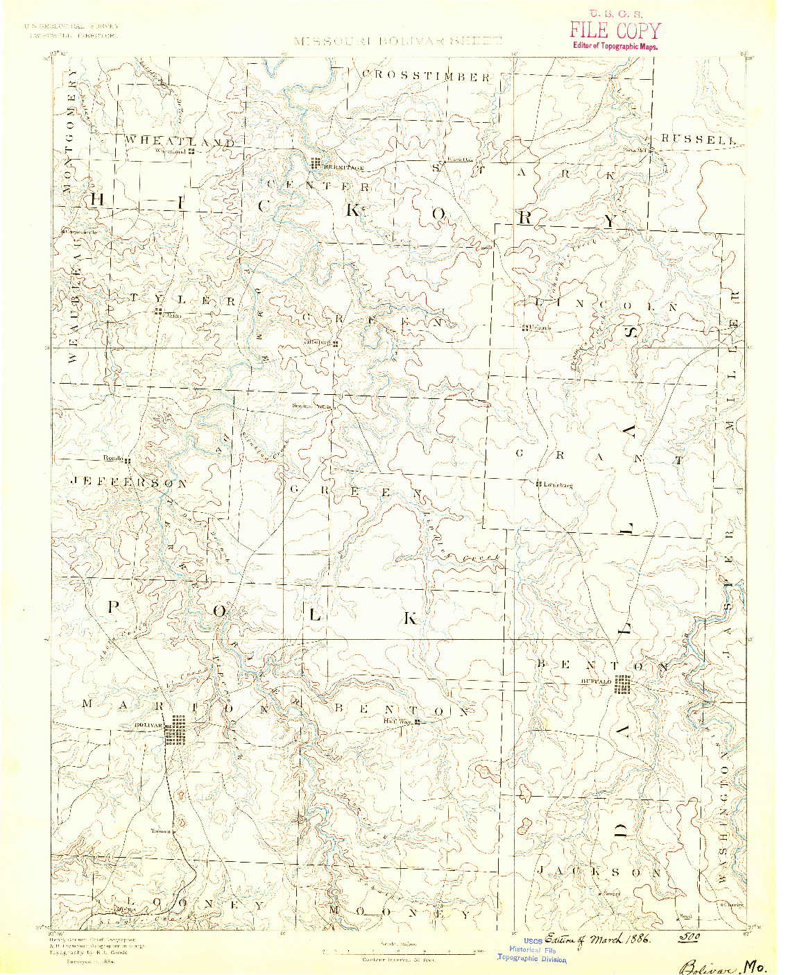 USGS 1:125000-SCALE QUADRANGLE FOR BOLIVAR, MO 1884