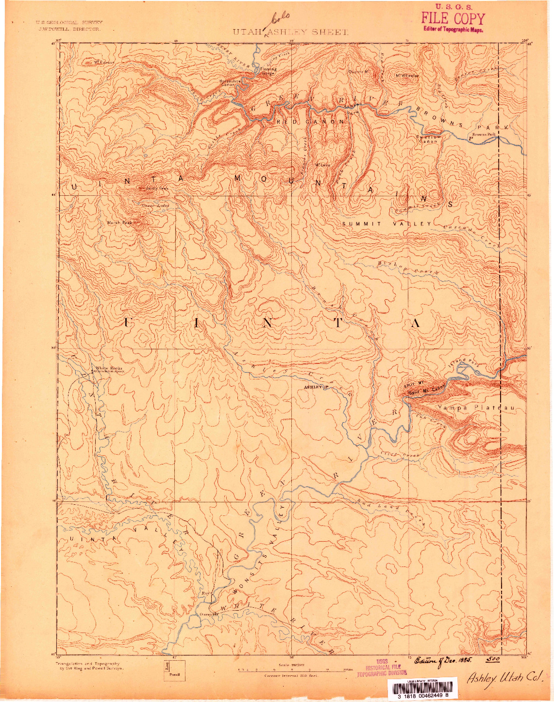 USGS 1:250000-SCALE QUADRANGLE FOR ASHLEY, UT 1885