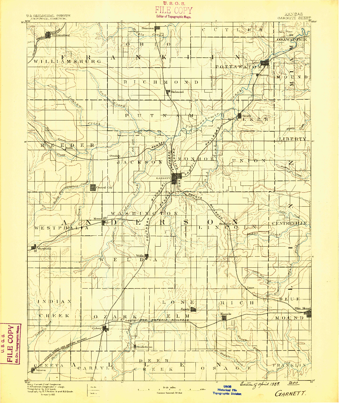 USGS 1:125000-SCALE QUADRANGLE FOR GARNETT, KS 1885