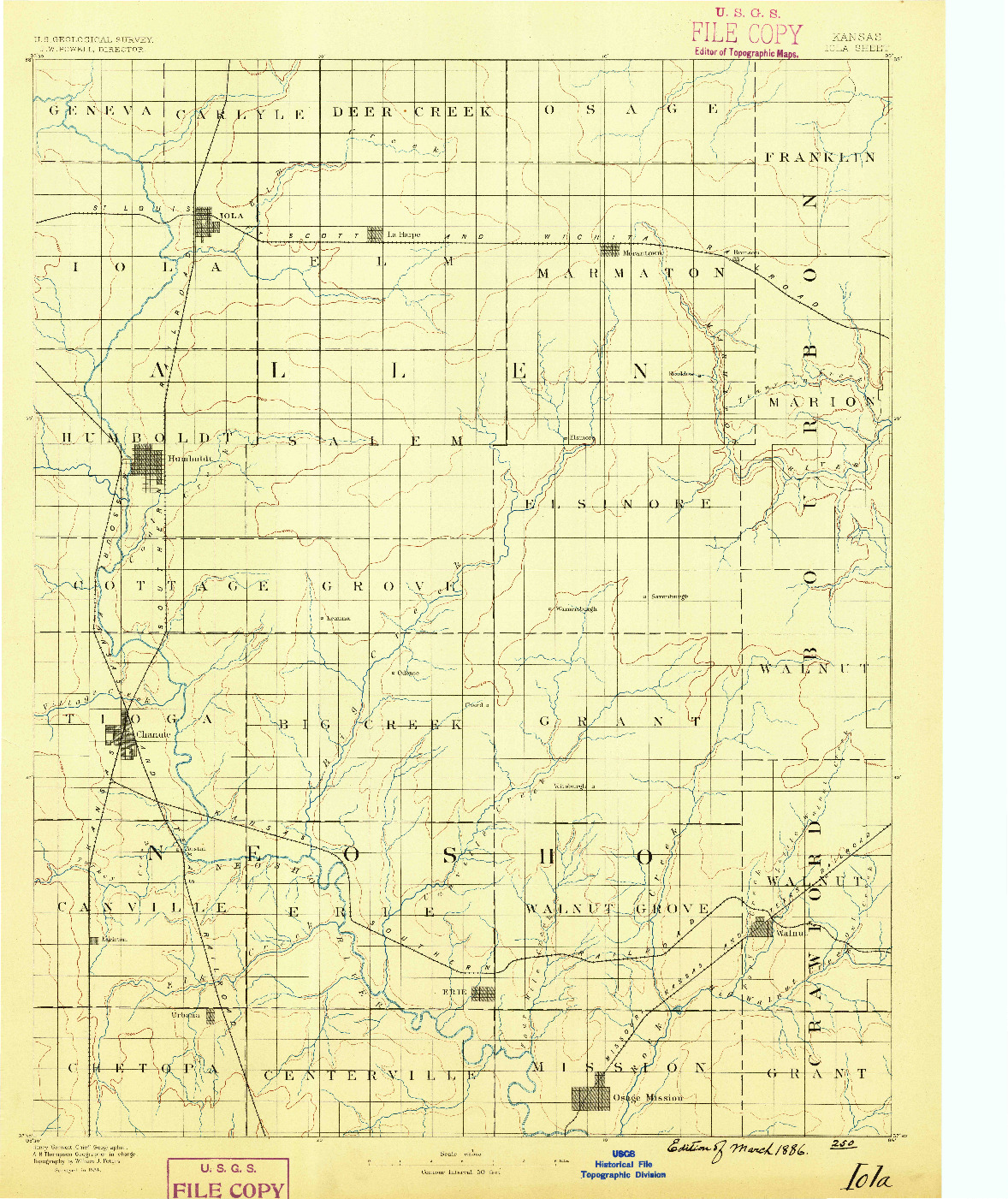 USGS 1:125000-SCALE QUADRANGLE FOR IOLA, KS 1886