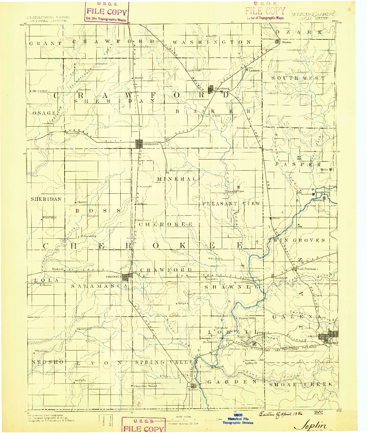 USGS 1:125000-SCALE QUADRANGLE FOR JOPLIN, KS 1886