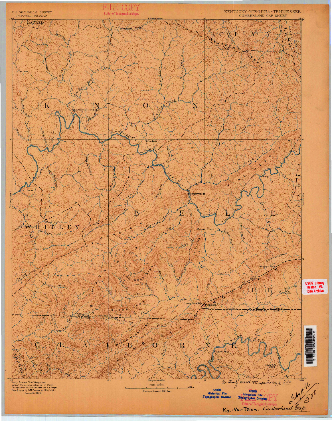 USGS 1:125000-SCALE QUADRANGLE FOR CUMBERLAND GAP, KY 1886