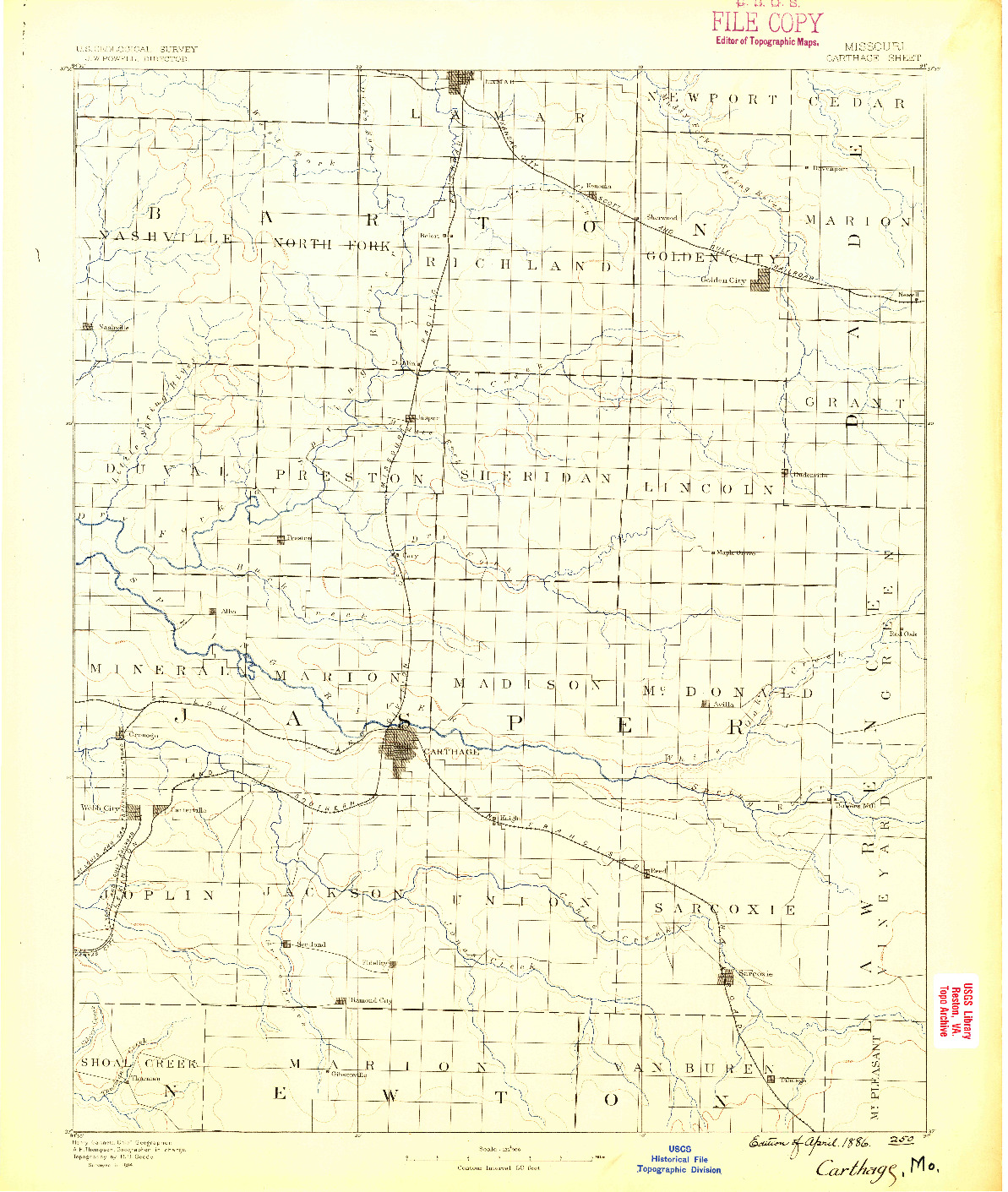 USGS 1:125000-SCALE QUADRANGLE FOR CARTHAGE, MO 1886