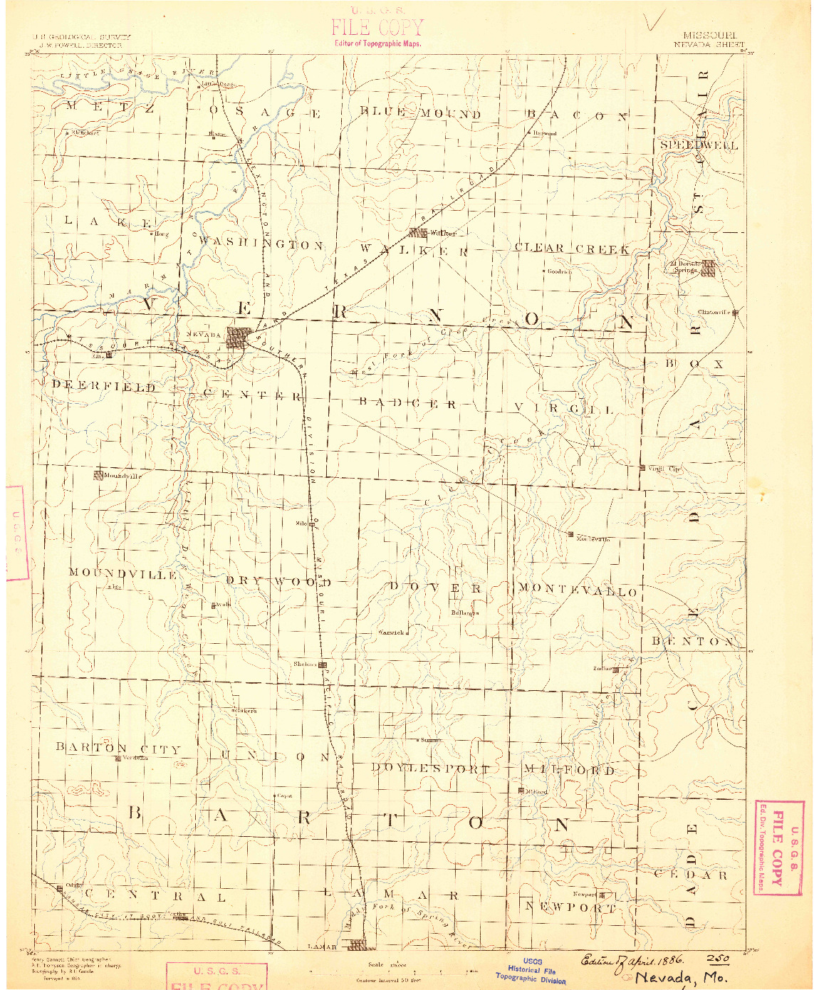 USGS 1:125000-SCALE QUADRANGLE FOR NEVADA, MO 1886