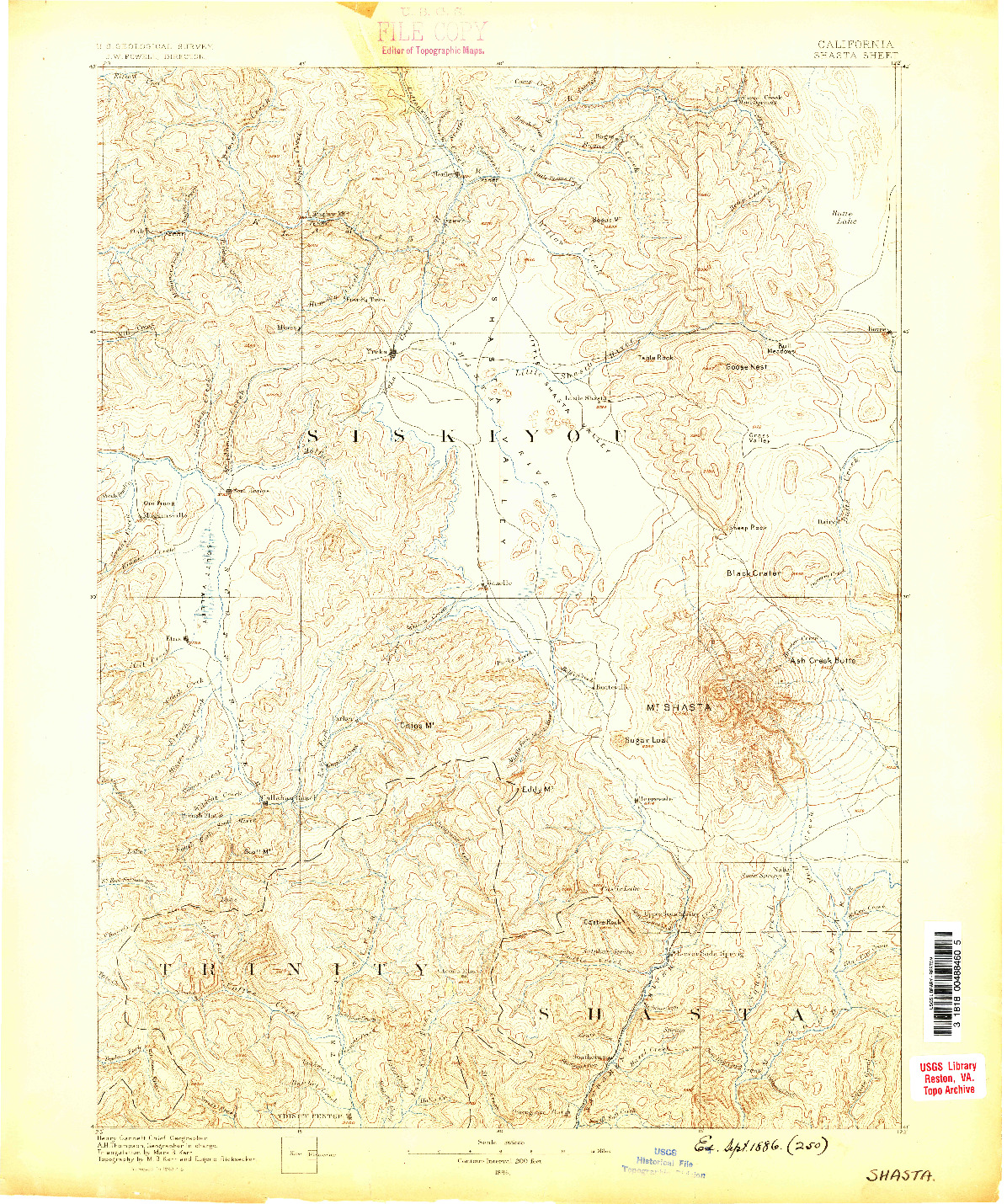 USGS 1:250000-SCALE QUADRANGLE FOR SHASTA, CA 1886