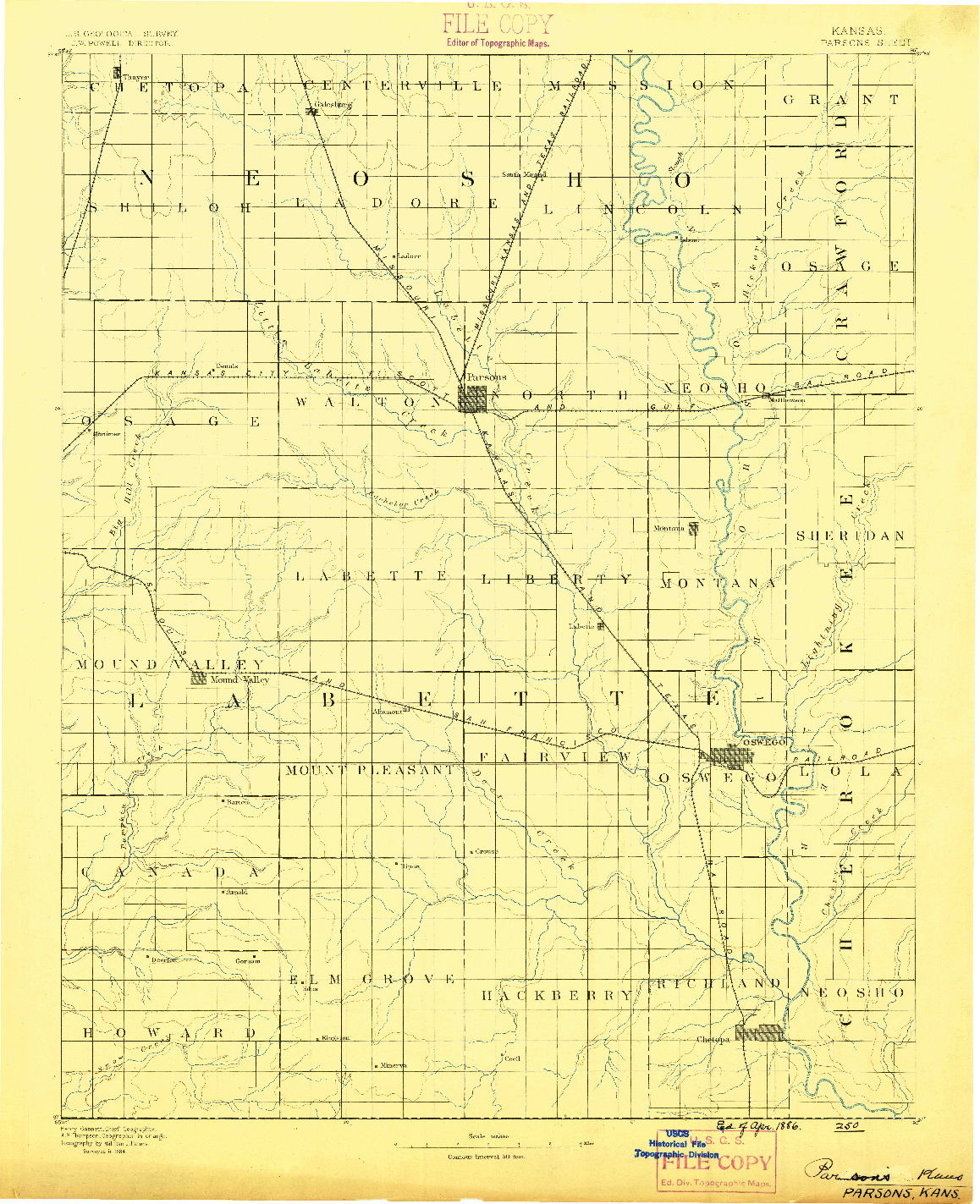 USGS 1:125000-SCALE QUADRANGLE FOR PARSONS, KS 1886