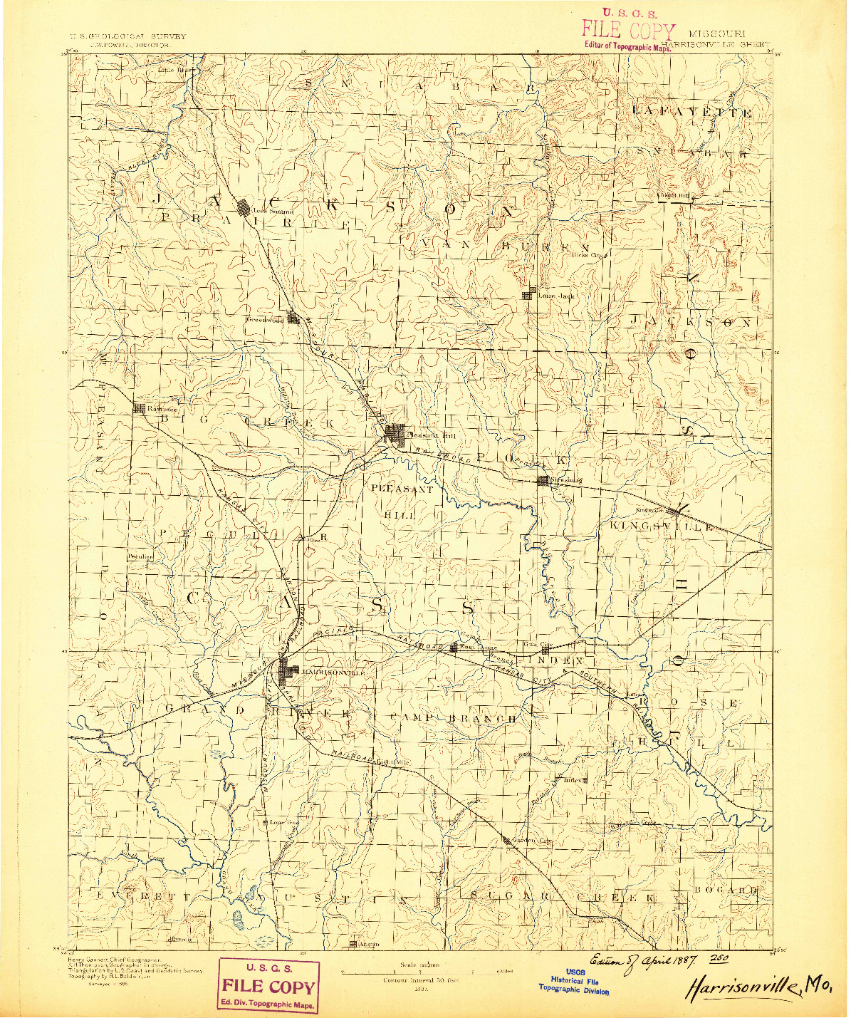 USGS 1:125000-SCALE QUADRANGLE FOR HARRISONVILLE, MO 1887