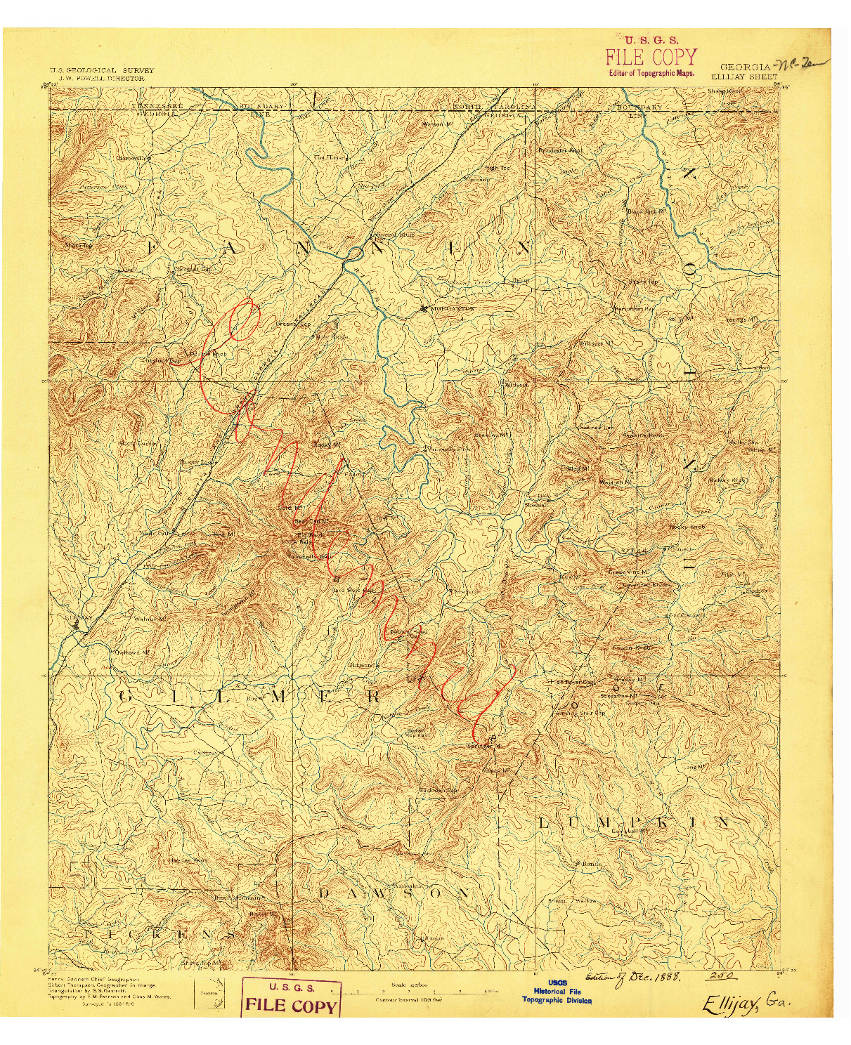 USGS 1:125000-SCALE QUADRANGLE FOR ELLIJAY, GA 1888