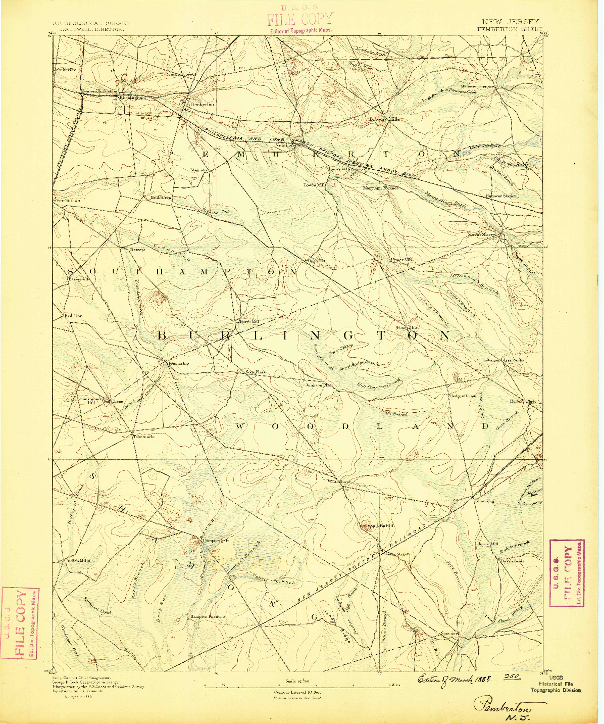 USGS 1:62500-SCALE QUADRANGLE FOR PEMBERTON, NJ 1888