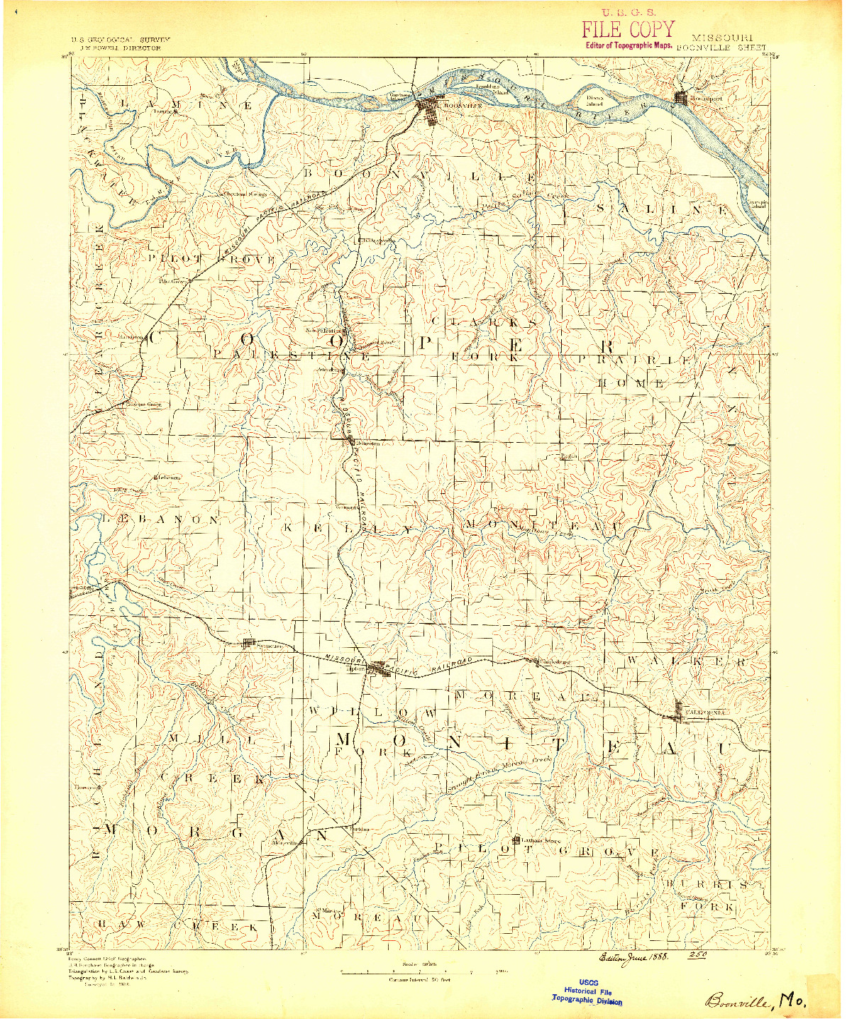 USGS 1:125000-SCALE QUADRANGLE FOR BOONVILLE, MO 1888