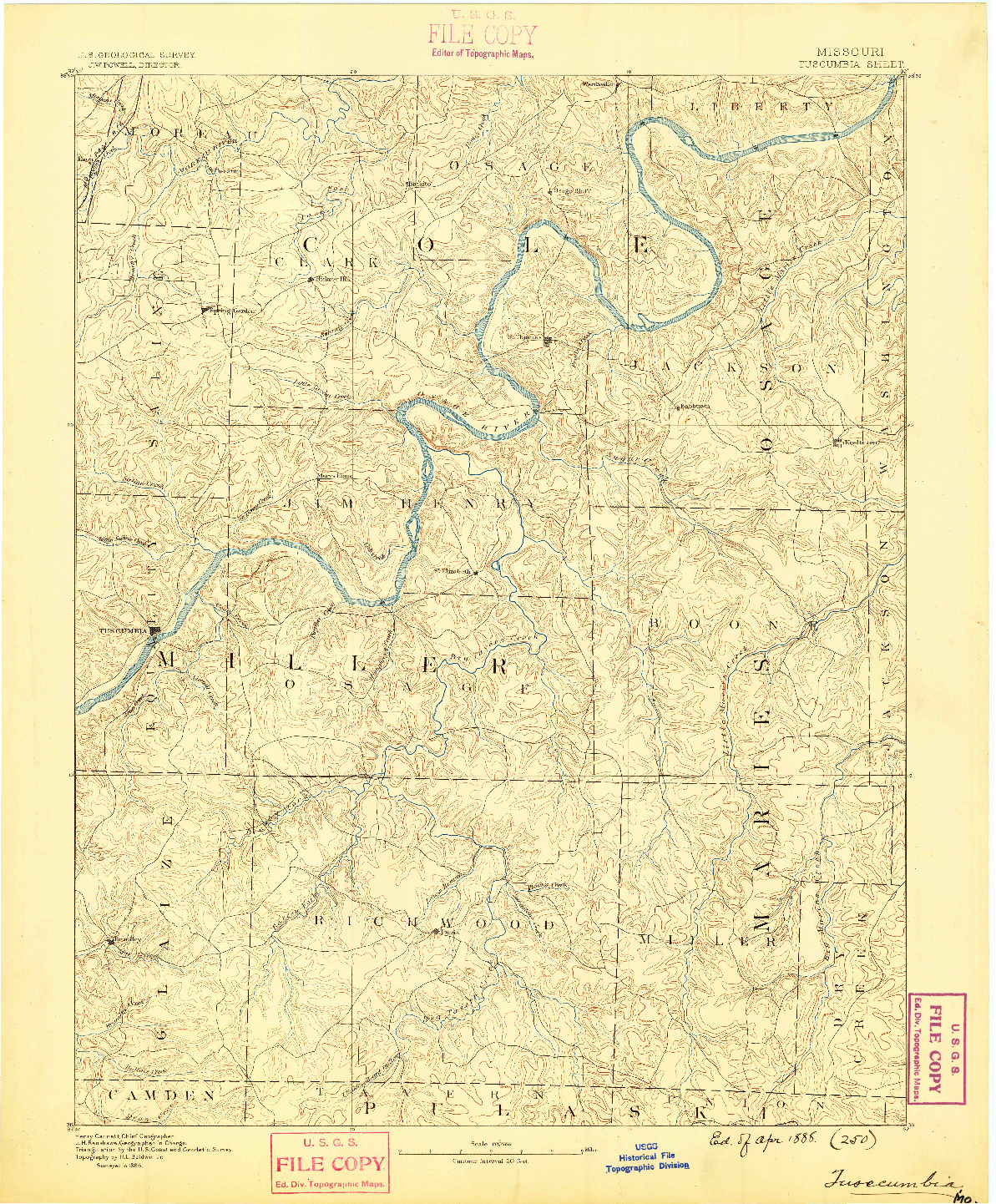 USGS 1:125000-SCALE QUADRANGLE FOR TUSCUMBIA, MO 1888