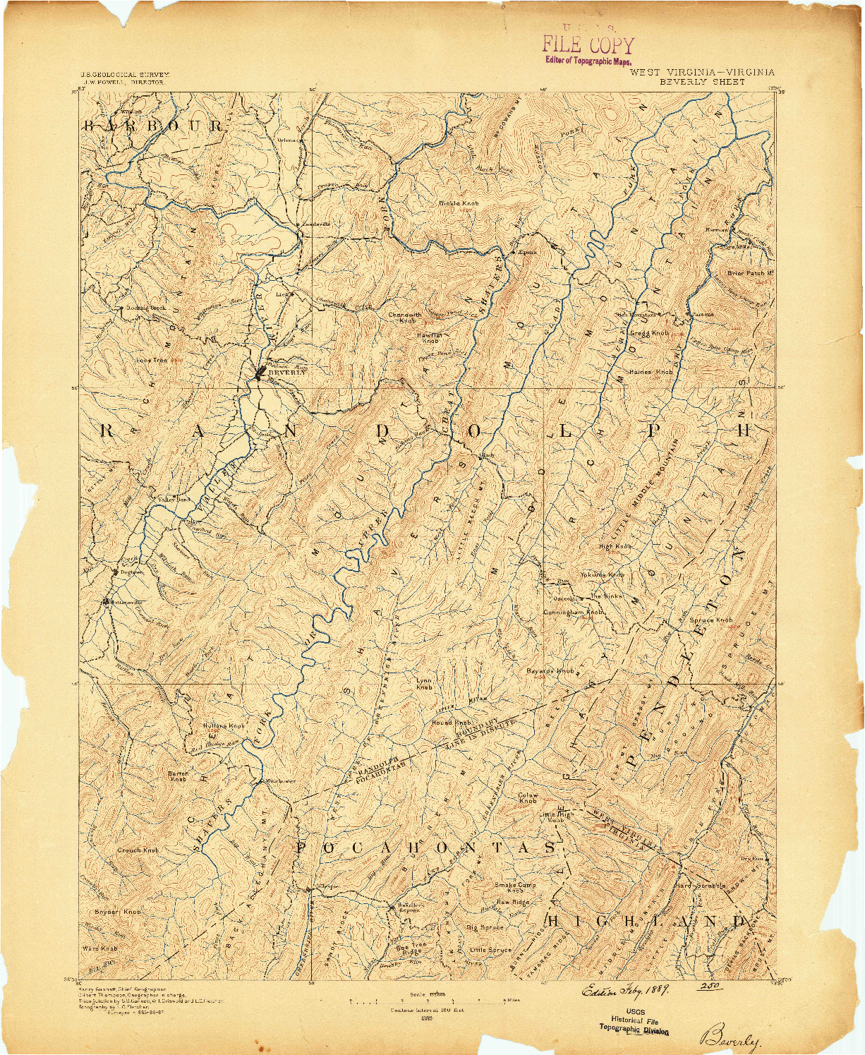 USGS 1:125000-SCALE QUADRANGLE FOR BEVERLY, WV 1889