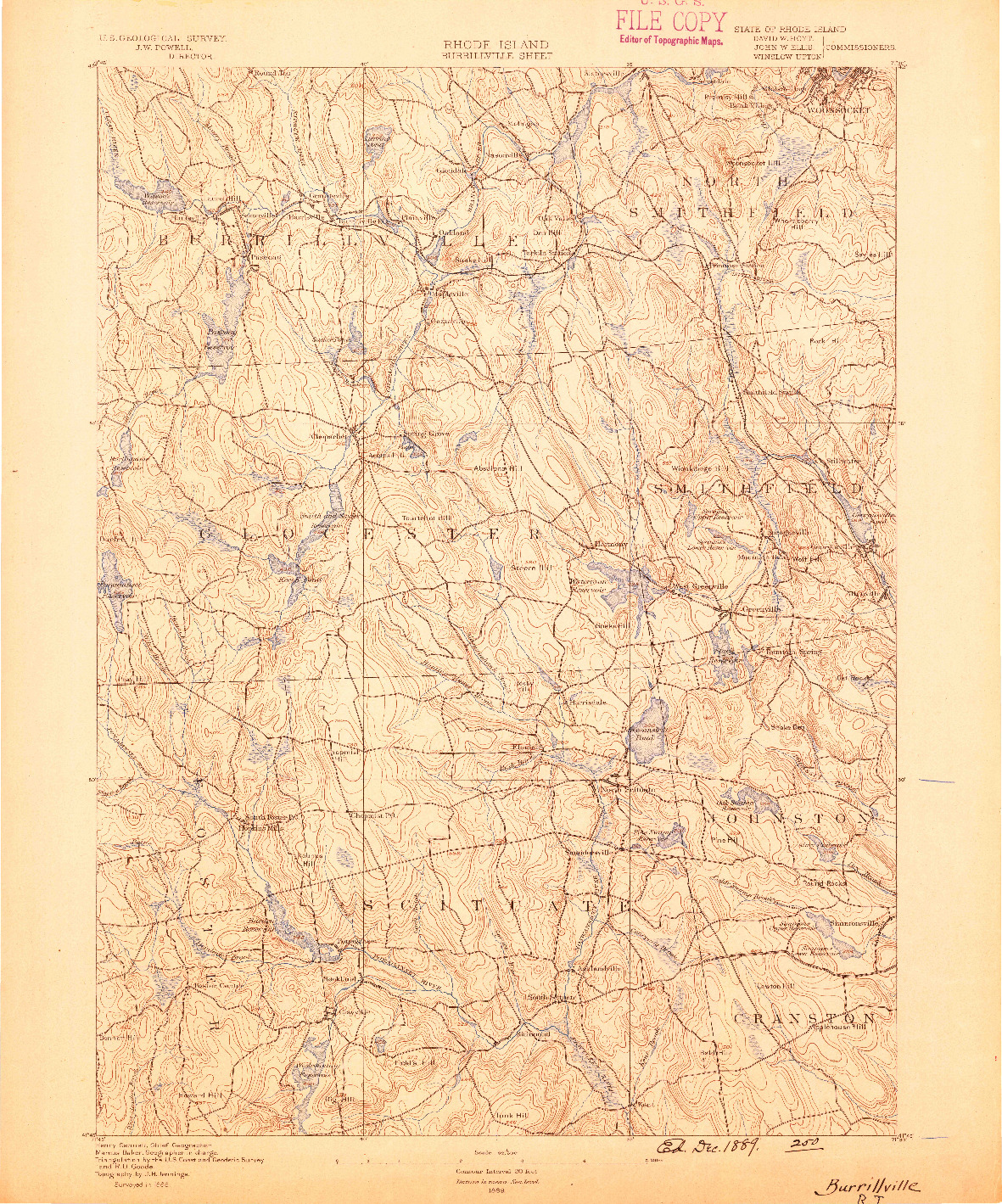 USGS 1:62500-SCALE QUADRANGLE FOR BURRILLVILLE, RI 1889