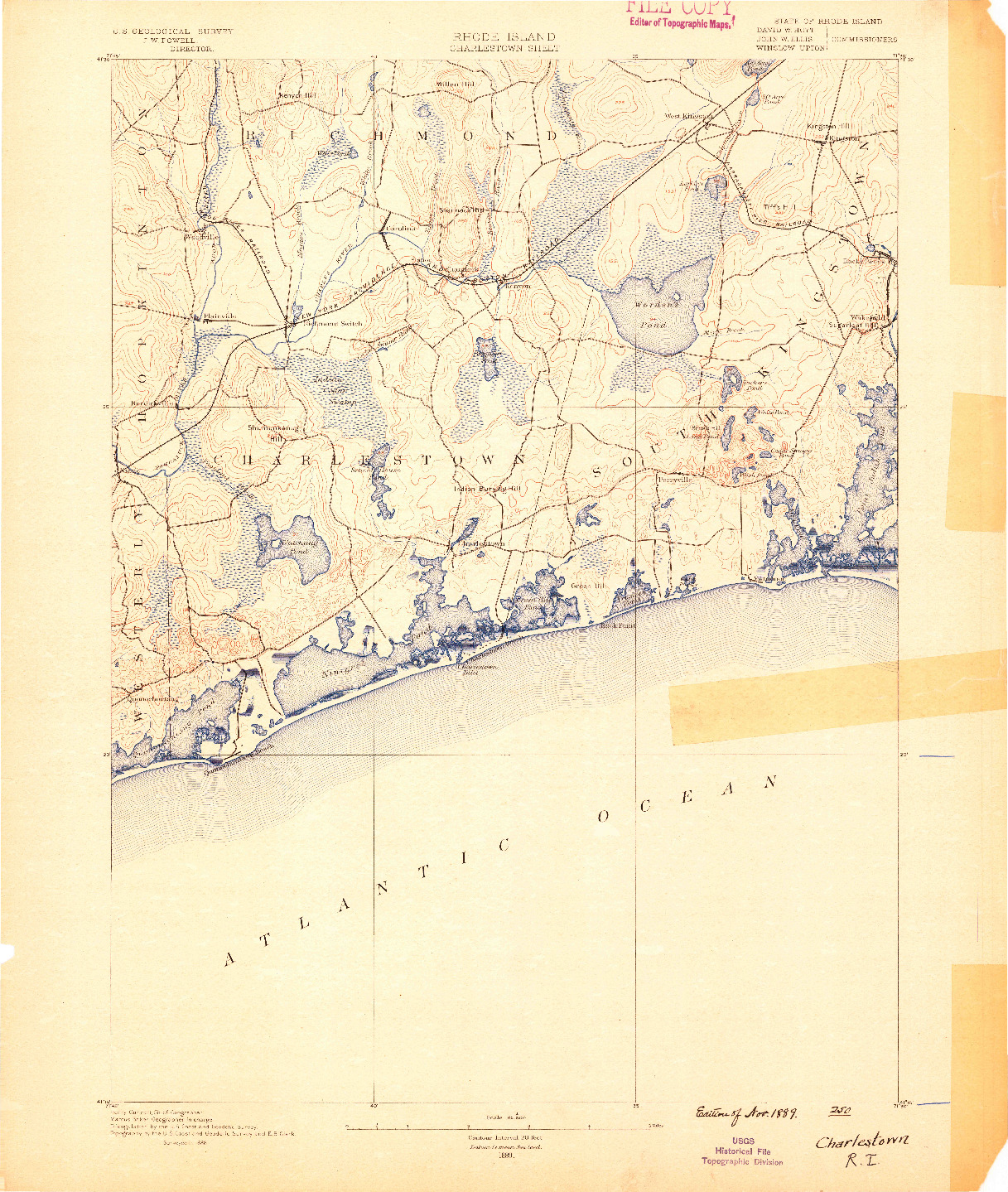 USGS 1:62500-SCALE QUADRANGLE FOR CHARLESTOWN, RI 1889
