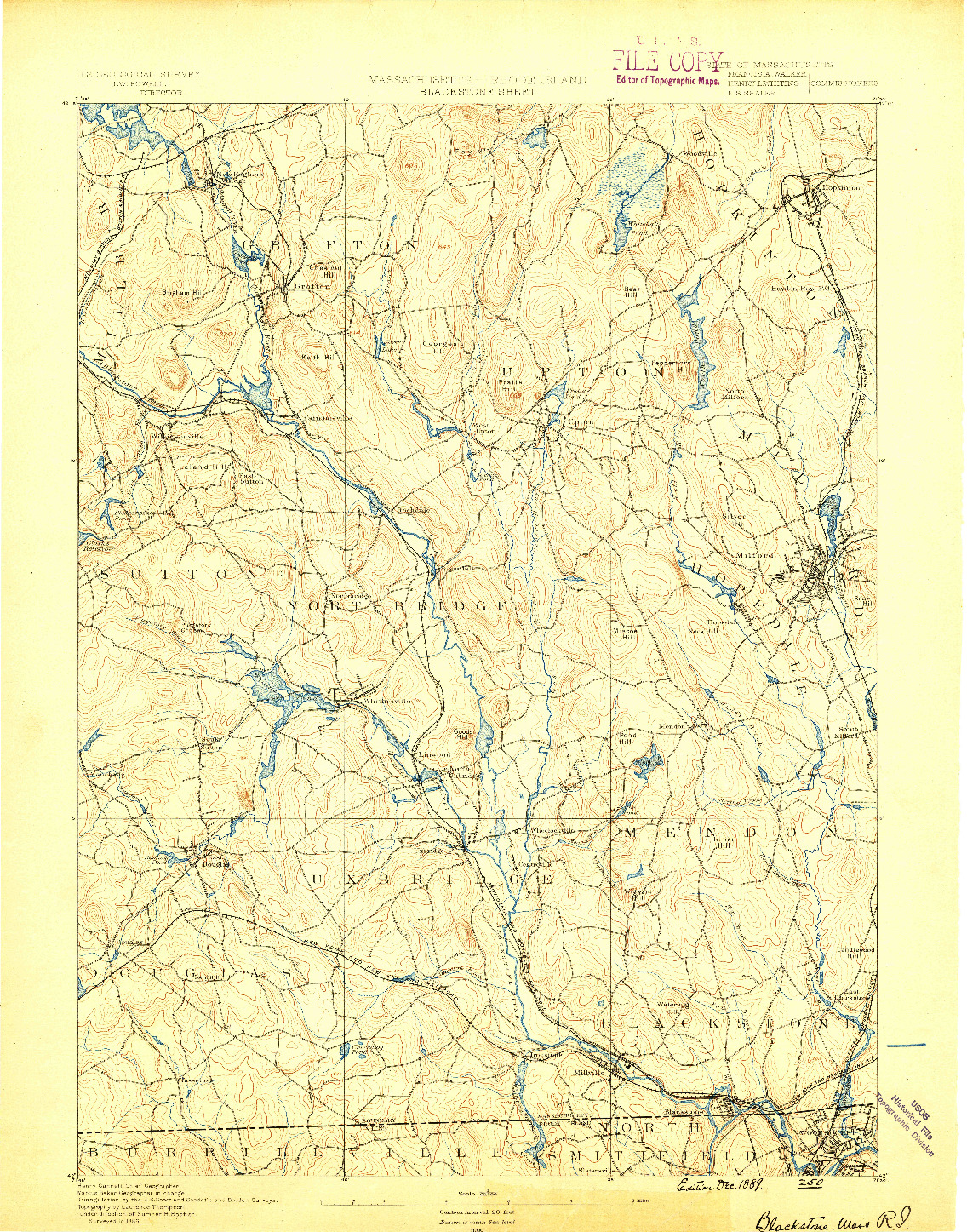 USGS 1:62500-SCALE QUADRANGLE FOR BLACKSTONE, MA 1889