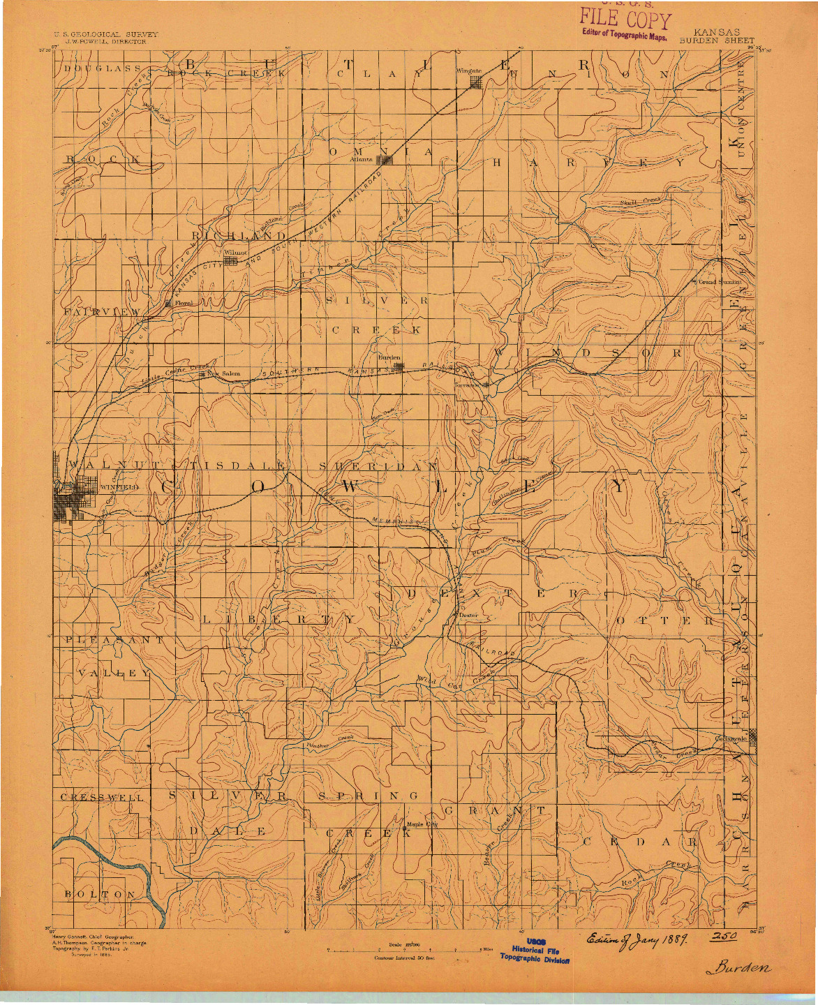USGS 1:125000-SCALE QUADRANGLE FOR BURDEN, KS 1889