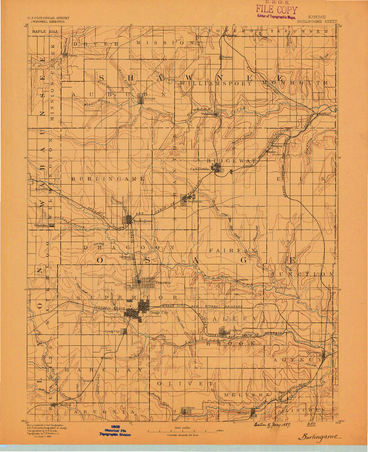 USGS 1:125000-SCALE QUADRANGLE FOR BURLINGAME, KS 1889
