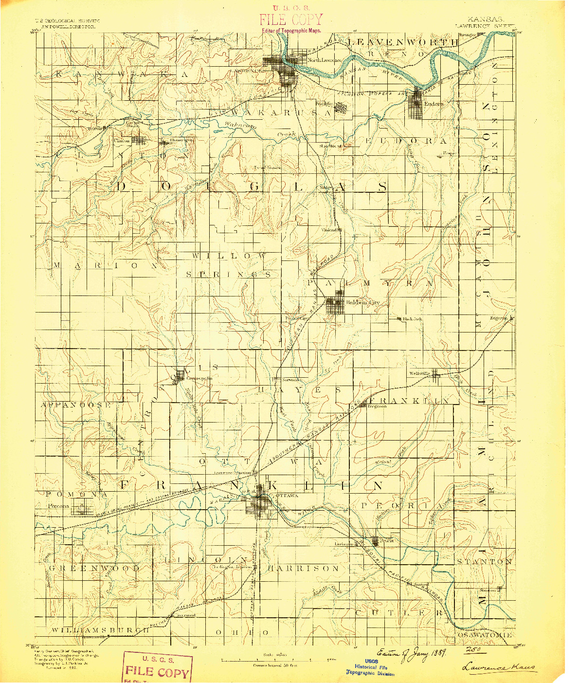 USGS 1:125000-SCALE QUADRANGLE FOR LAWRENCE, KS 1889