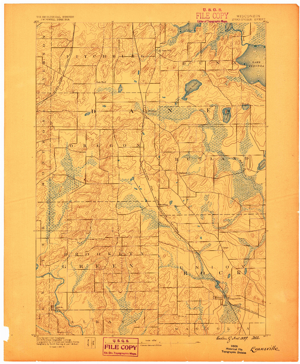 USGS 1:62500-SCALE QUADRANGLE FOR EVANSVILLE, WI 1889
