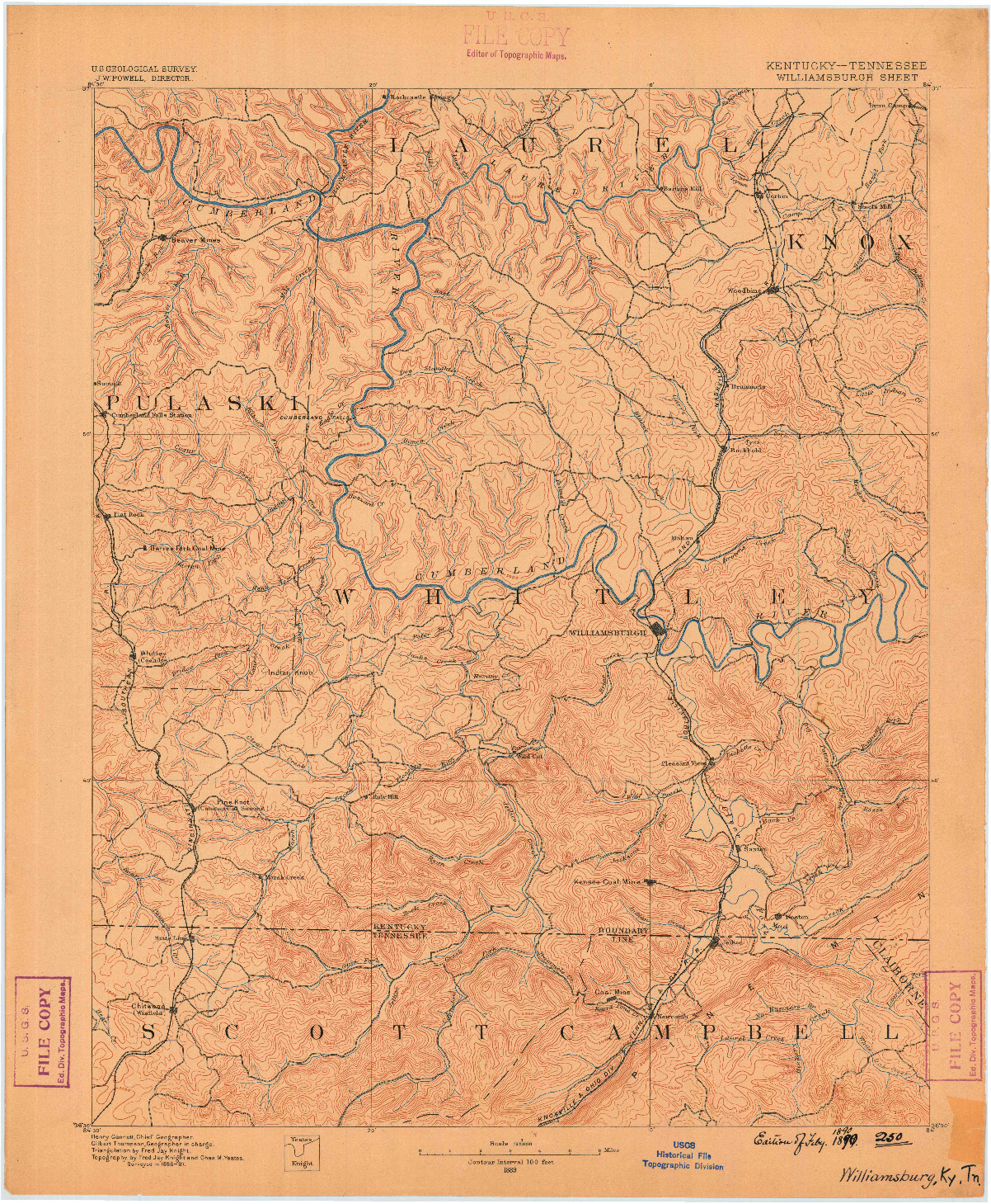 USGS 1:125000-SCALE QUADRANGLE FOR WILLIAMSBURG, KY 1890