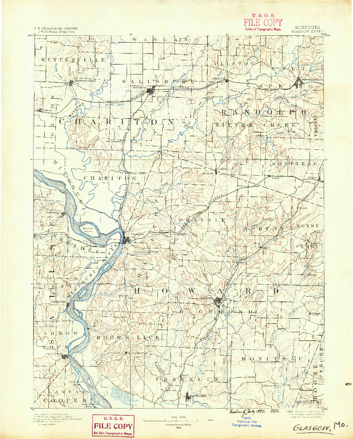 USGS 1:125000-SCALE QUADRANGLE FOR GLASGOW, MO 1890