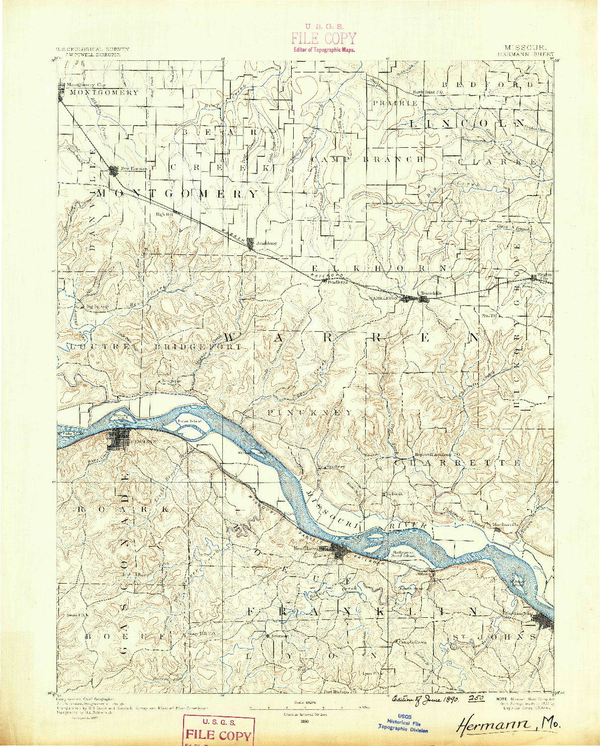 USGS 1:125000-SCALE QUADRANGLE FOR HERMANN, MO 1890