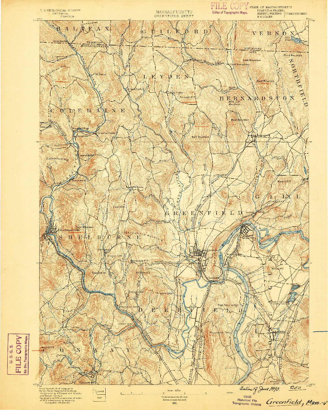 USGS 1:62500-SCALE QUADRANGLE FOR GREENFIELD, MA 1890