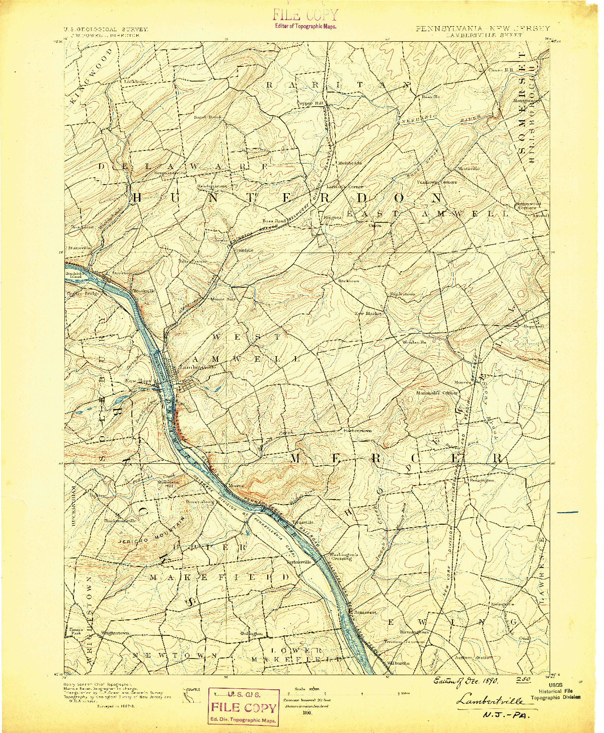 USGS 1:62500-SCALE QUADRANGLE FOR LAMBERTVILLE, NJ 1890