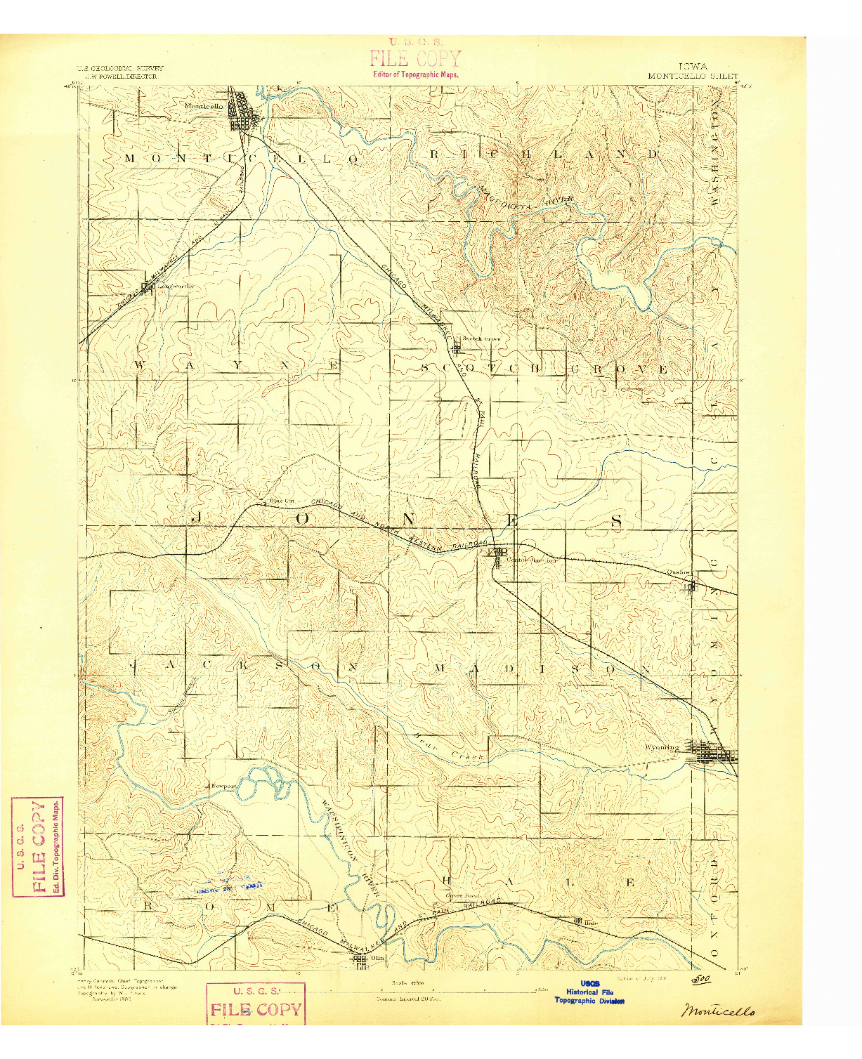 USGS 1:62500-SCALE QUADRANGLE FOR MONTICELLO, IA 1891