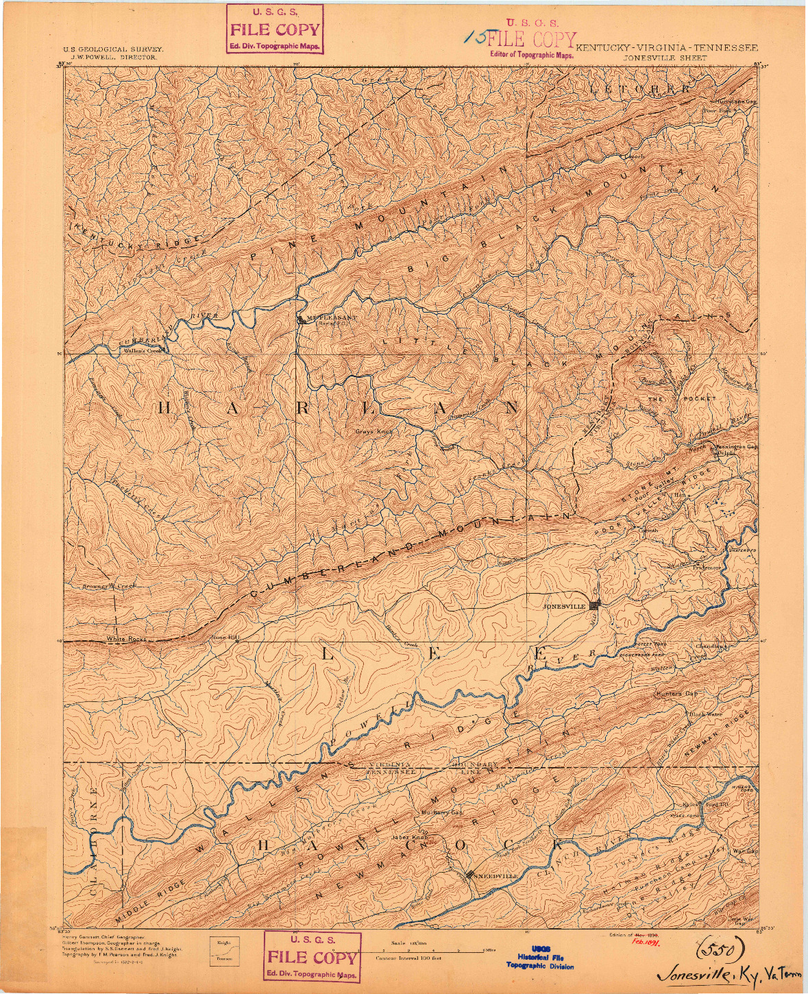 USGS 1:125000-SCALE QUADRANGLE FOR JONESVILLE, KY 1891