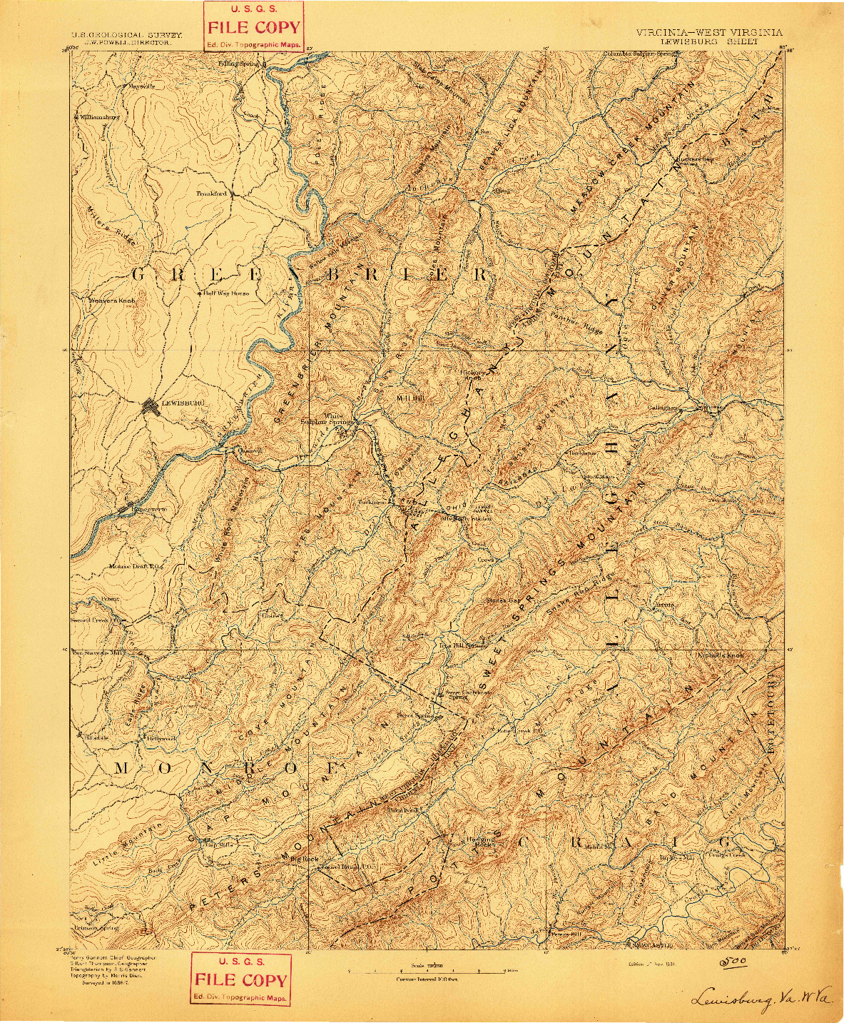 USGS 1:125000-SCALE QUADRANGLE FOR LEWISBURG, VA 1891