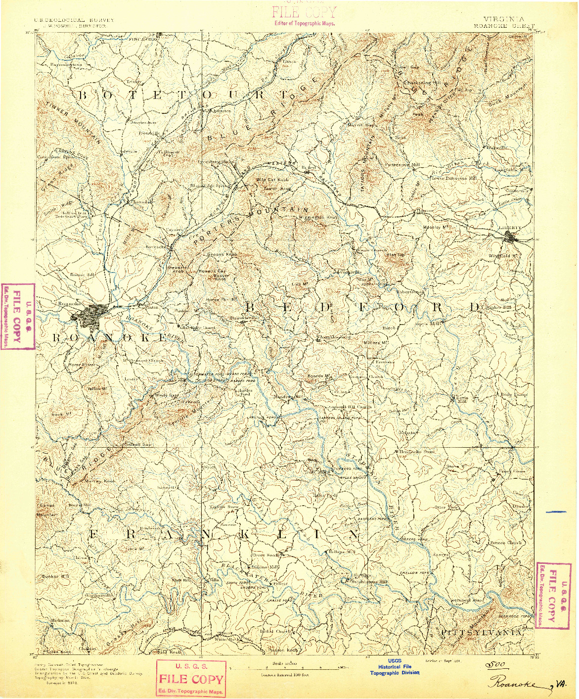 USGS 1:125000-SCALE QUADRANGLE FOR ROANOKE, VA 1891