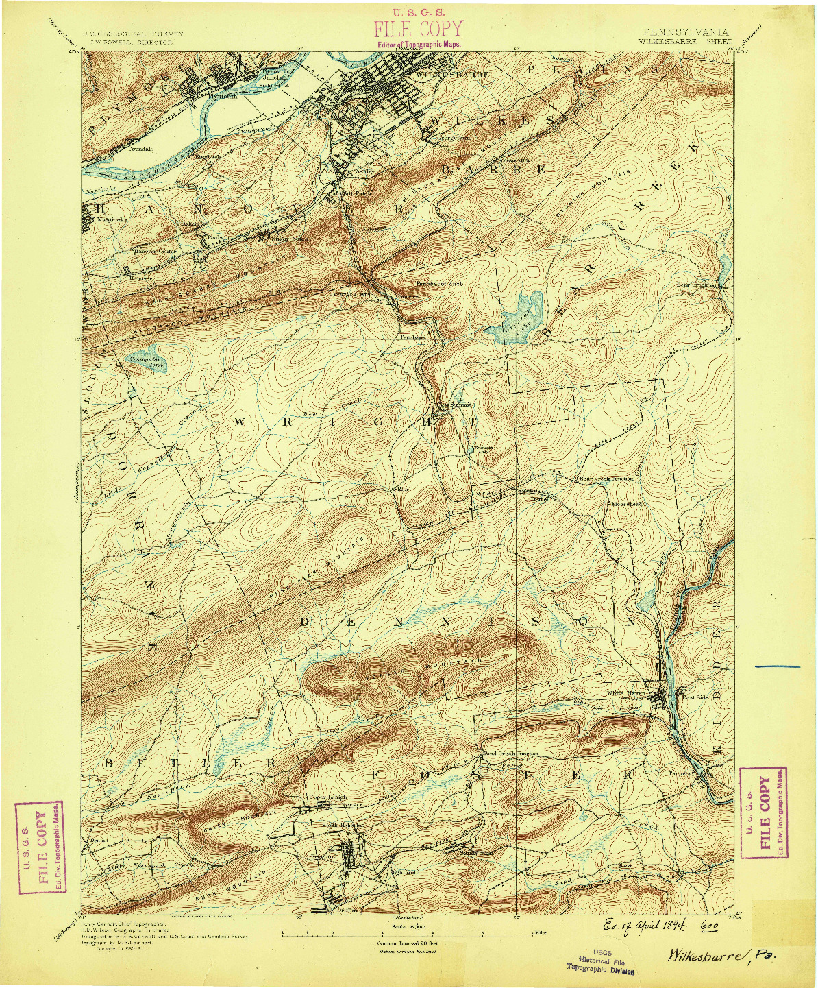 USGS 1:62500-SCALE QUADRANGLE FOR WILKESBARRE, PA 1891