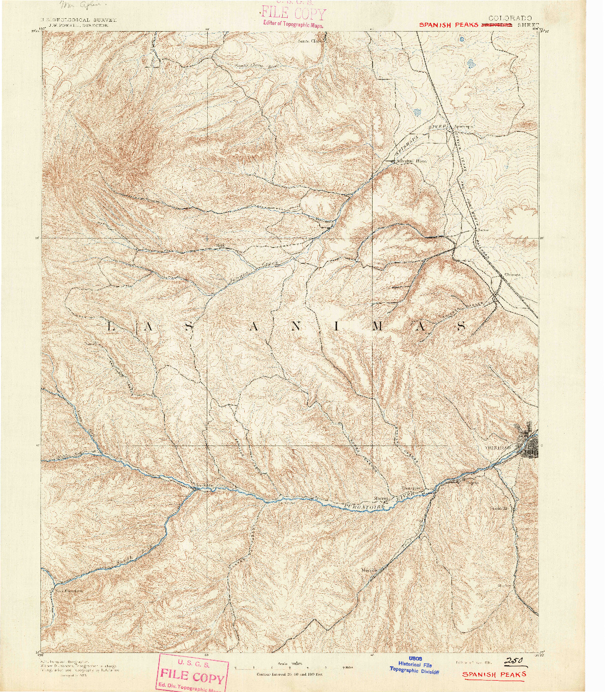 USGS 1:125000-SCALE QUADRANGLE FOR SPANISH PEAKS, CO 1891