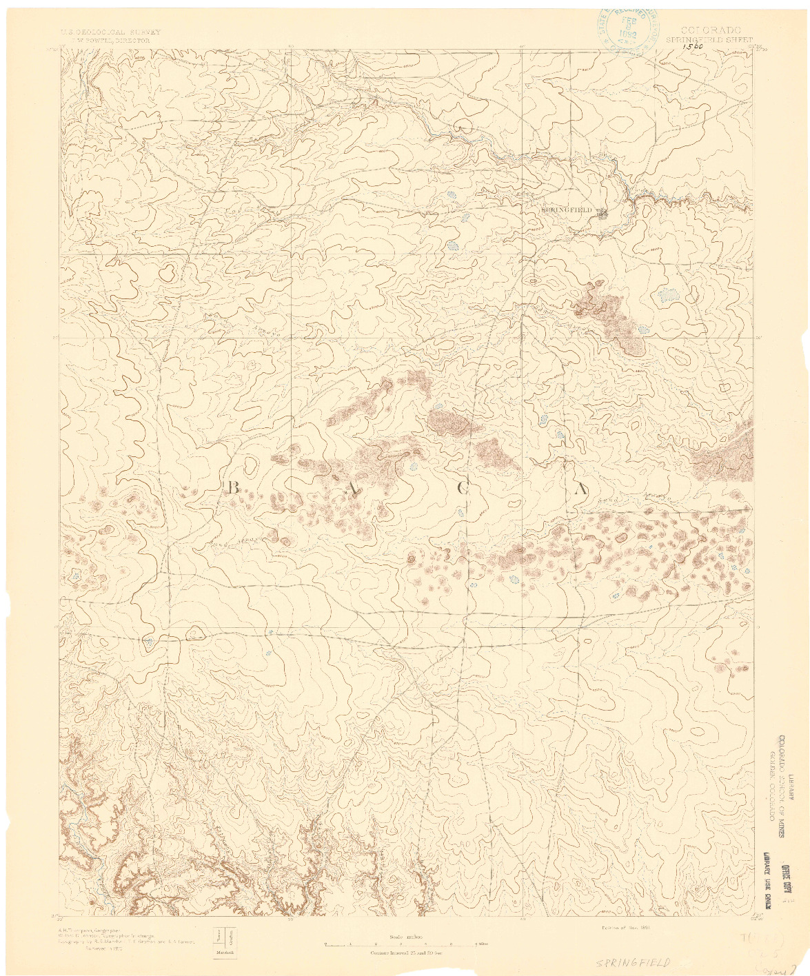 USGS 1:125000-SCALE QUADRANGLE FOR SPRINGFIELD, CO 1891