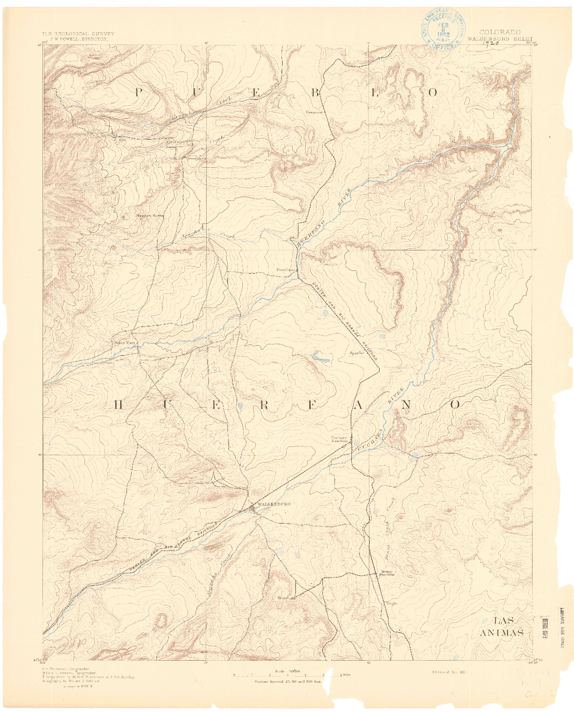 USGS 1:125000-SCALE QUADRANGLE FOR WALSENBURG, CO 1891