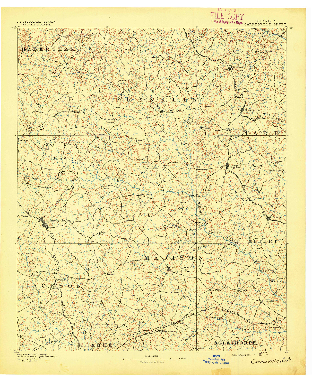 USGS 1:125000-SCALE QUADRANGLE FOR CARNESVILLE, GA 1891