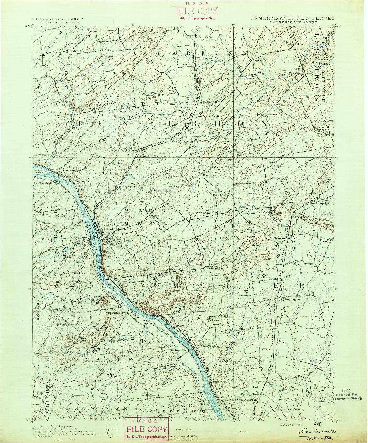 USGS 1:62500-SCALE QUADRANGLE FOR LAMBERTVILLE, NJ 1891