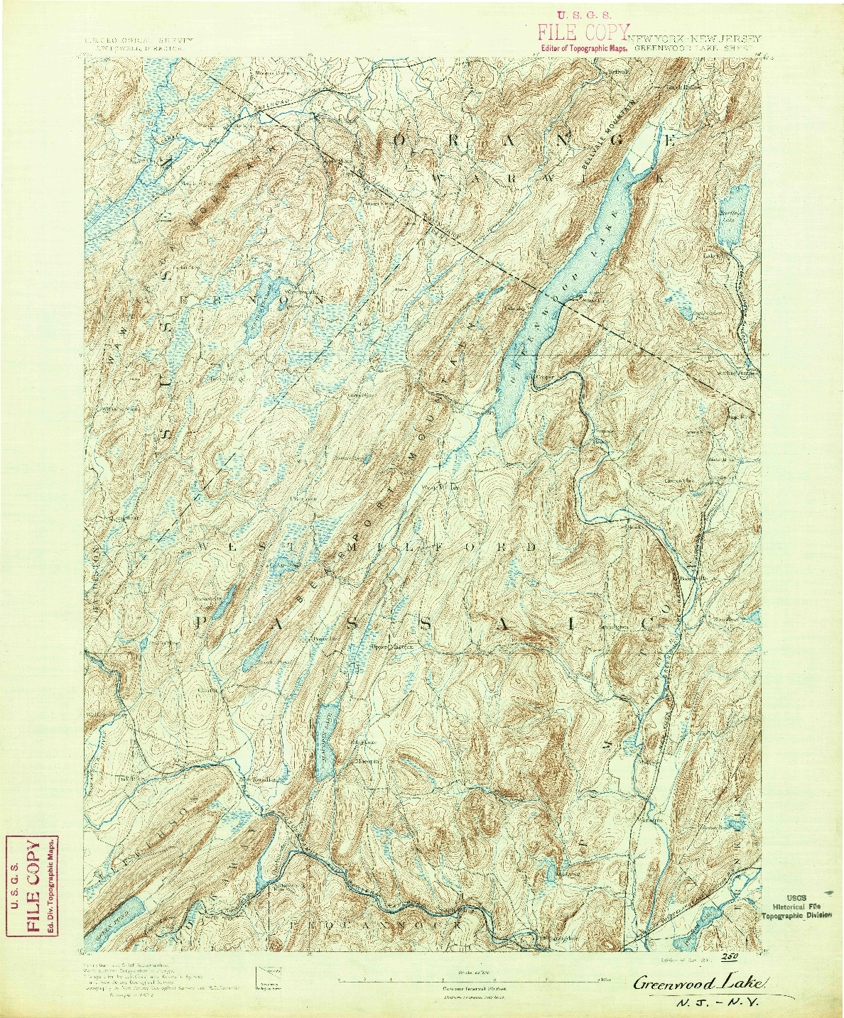 USGS 1:62500-SCALE QUADRANGLE FOR GREENWOOD LAKE, NY 1891