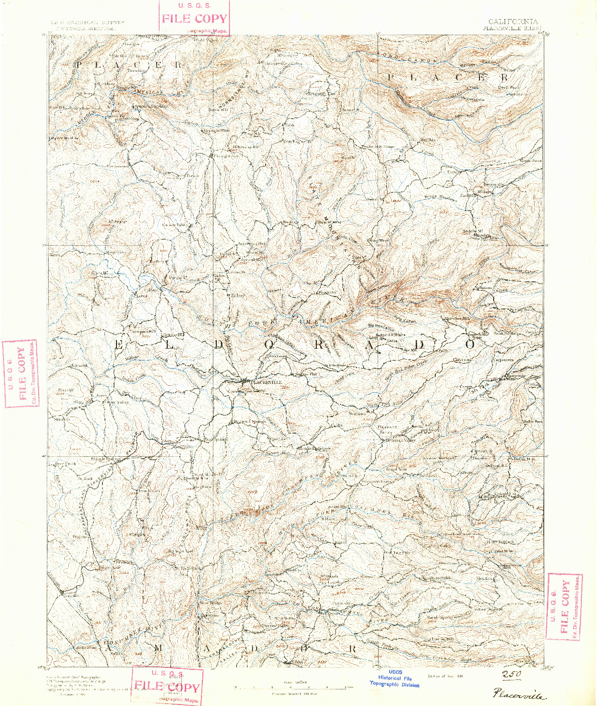 USGS 1:125000-SCALE QUADRANGLE FOR PLACERVILLE, CA 1891