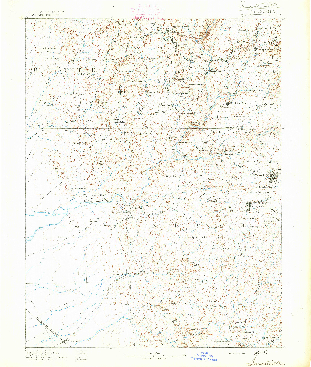 USGS 1:125000-SCALE QUADRANGLE FOR SMARTSVILLE, CA 1891