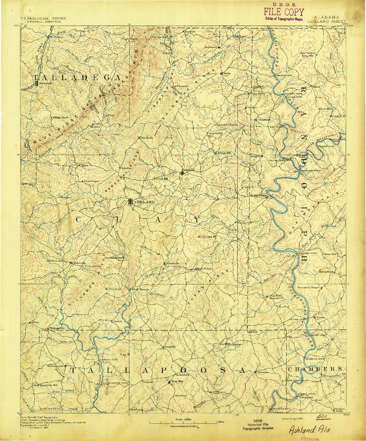 USGS 1:125000-SCALE QUADRANGLE FOR ASHLAND, AL 1891