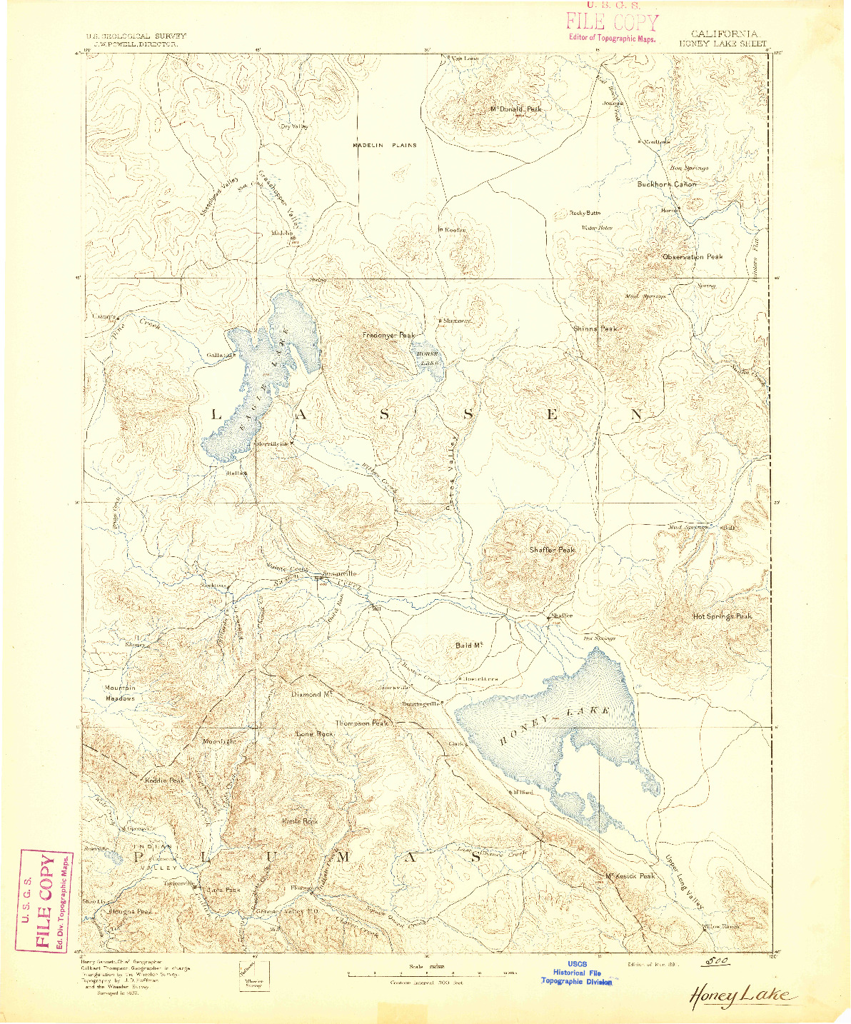 USGS 1:250000-SCALE QUADRANGLE FOR HONEY LAKE, CA 1891