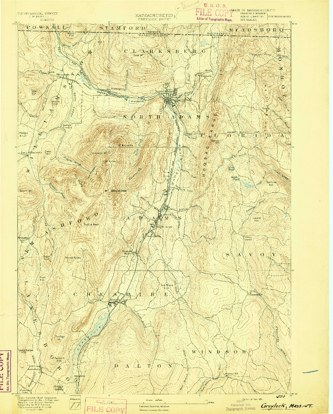 USGS 1:62500-SCALE QUADRANGLE FOR GREYLOCK, MA 1891