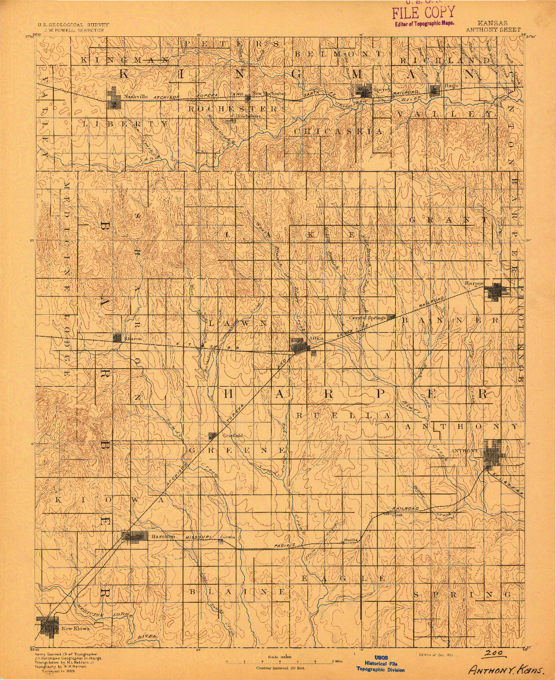 USGS 1:125000-SCALE QUADRANGLE FOR ANTHONY, KS 1891