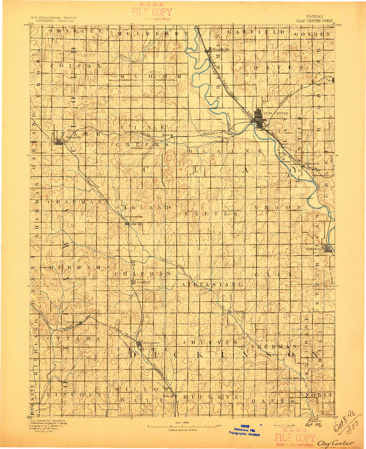 USGS 1:125000-SCALE QUADRANGLE FOR CLAY CENTER, KS 1891