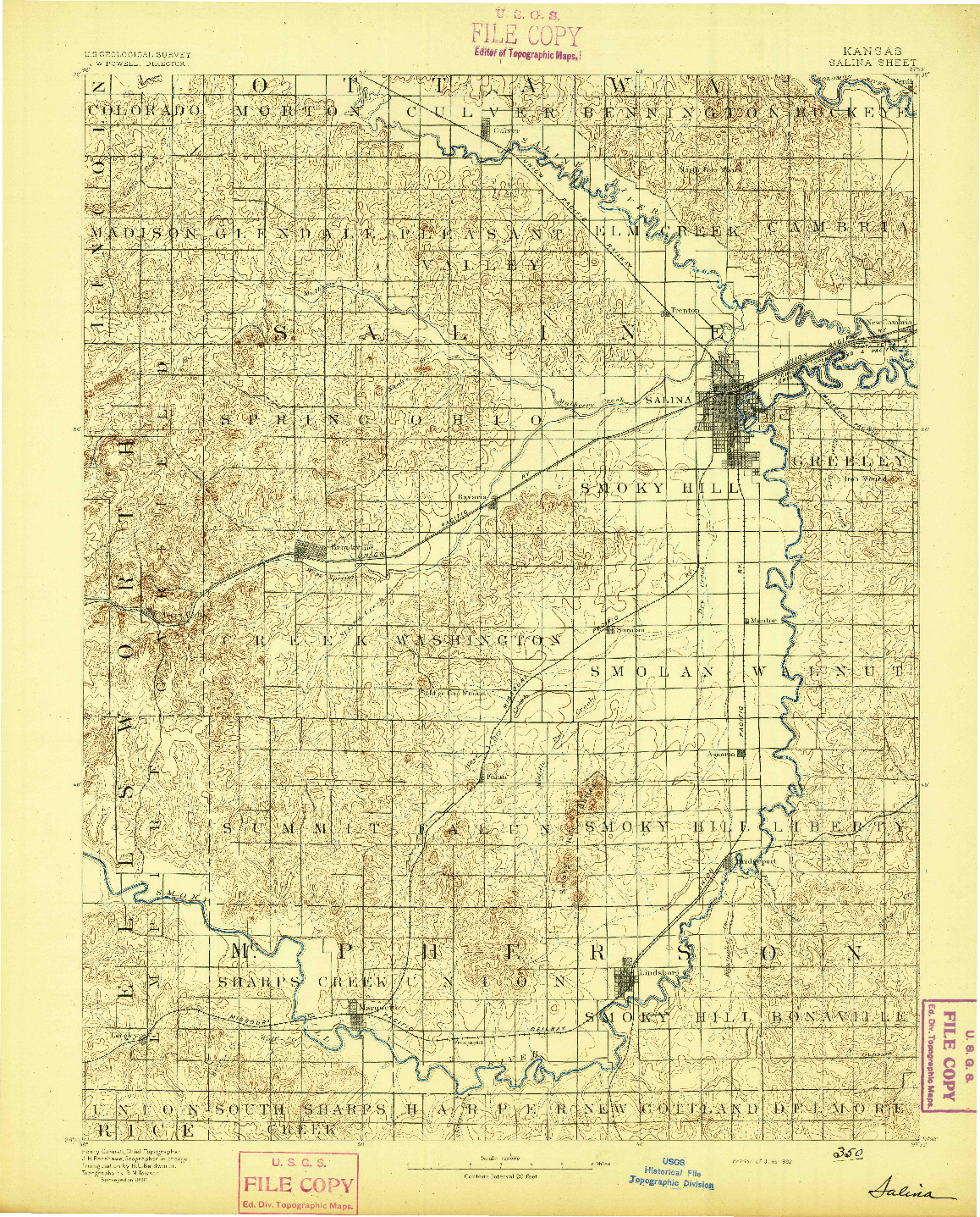 USGS 1:125000-SCALE QUADRANGLE FOR SALINA, KS 1892