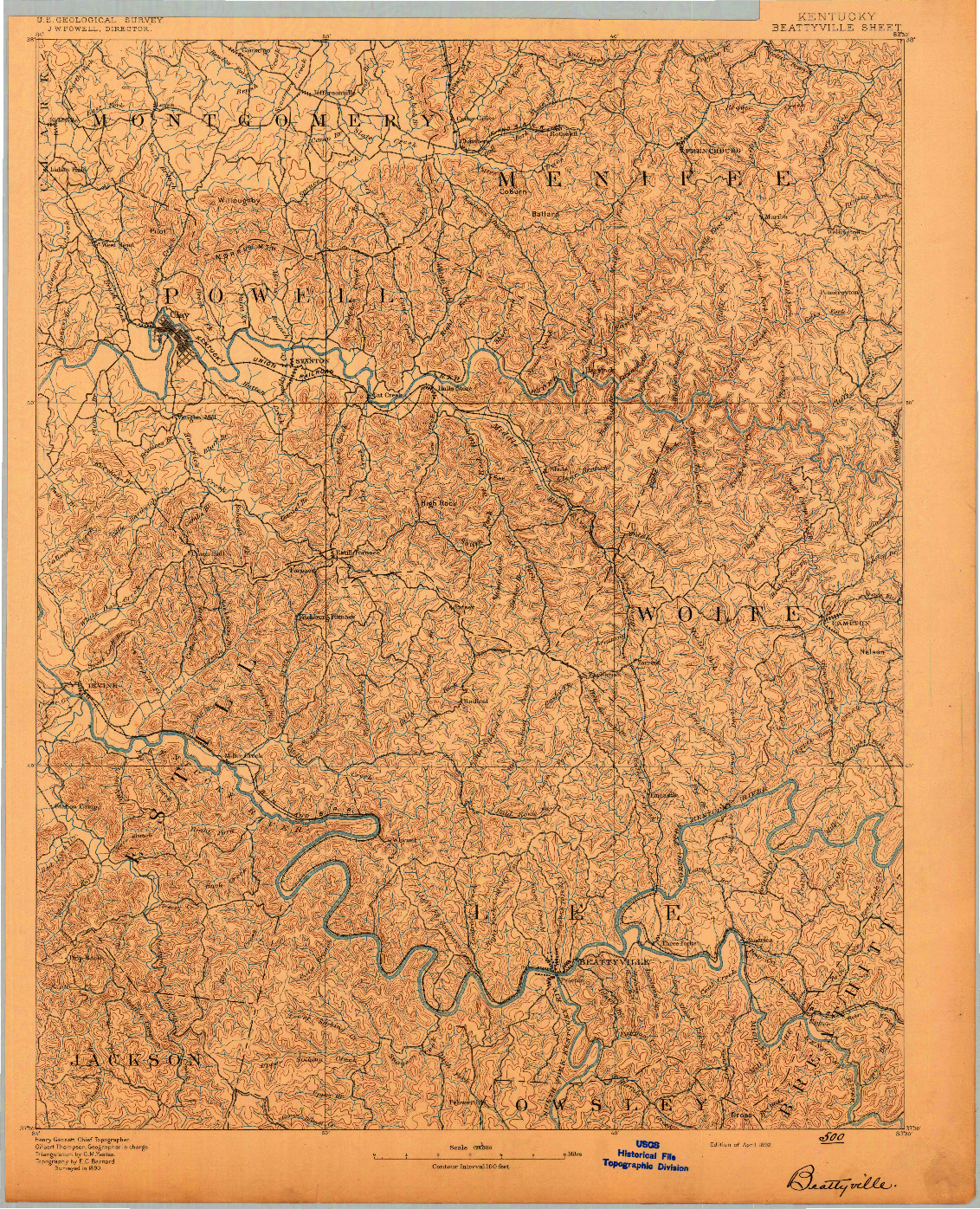 USGS 1:125000-SCALE QUADRANGLE FOR BEATTYVILLE, KY 1892