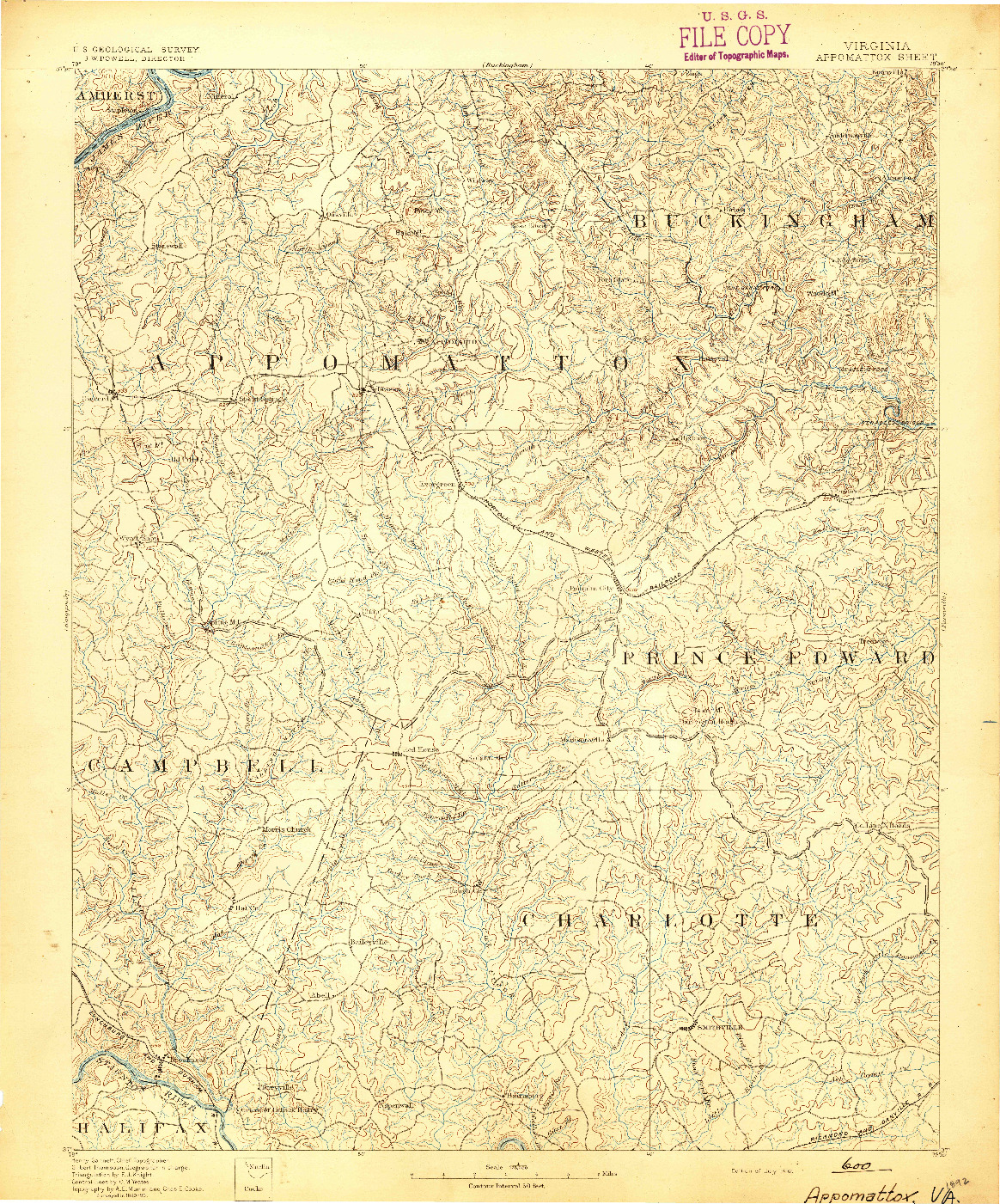 USGS 1:125000-SCALE QUADRANGLE FOR APPOMATTOX, VA 1892