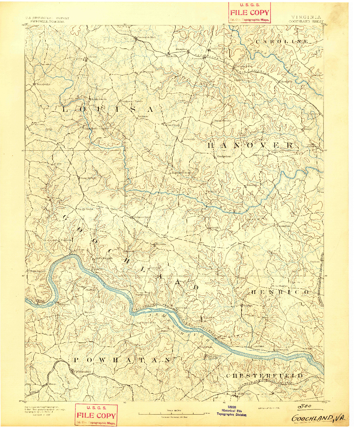 USGS 1:125000-SCALE QUADRANGLE FOR GOOCHLAND, VA 1892
